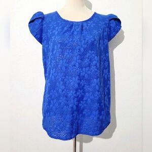 Red Lolly Blue Floral Lace Blouse Women’s M Puff Sleeve Keyhole Back Made In USA